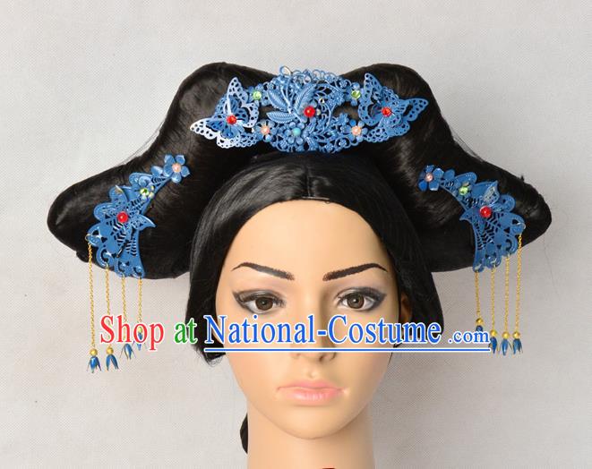 Chinese Traditional Drama Ruyi Royal Love in the Palace Wigs Chignon Ancient Court Woman Headdress Qing Dynasty Imperial Concubine Hairpieces