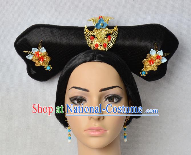 Chinese Qing Dynasty Palace Lady Hairpieces Traditional Drama Empresses in the Palace Wigs Chignon Ancient Court Maid Headdress