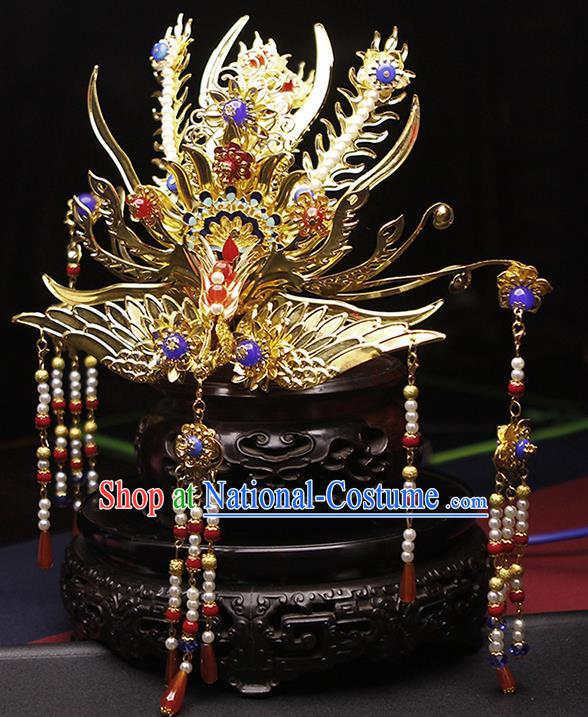 Chinese Ancient Empress Hair Crown and Tassel Hairpins Ming Dynasty Phoenix Coronet Traditional Hanfu Wedding Hair Accessories