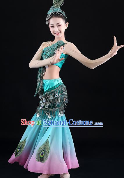 Chinese Dai Nationality Children Clothing Ethnic Folk Dance Fashion Yunnan Minority Peacock Dance Performance Blue Dress Uniforms