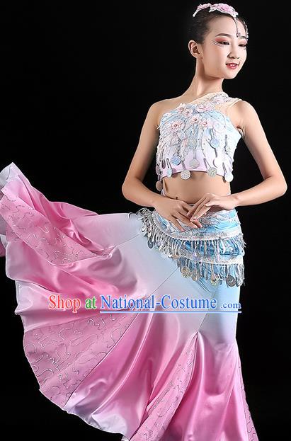 Chinese Ethnic Folk Dance Fashion Yunnan Minority Peacock Dance Pink Dress Uniforms Dai Nationality Children Performance Clothing