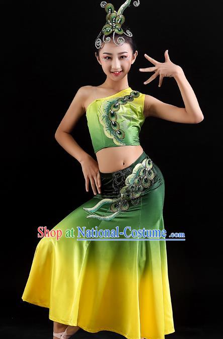 Chinese Dai Nationality Children Pavane Clothing Ethnic Folk Dance Garments Yunnan Minority Peacock Dance Green Dress Uniforms