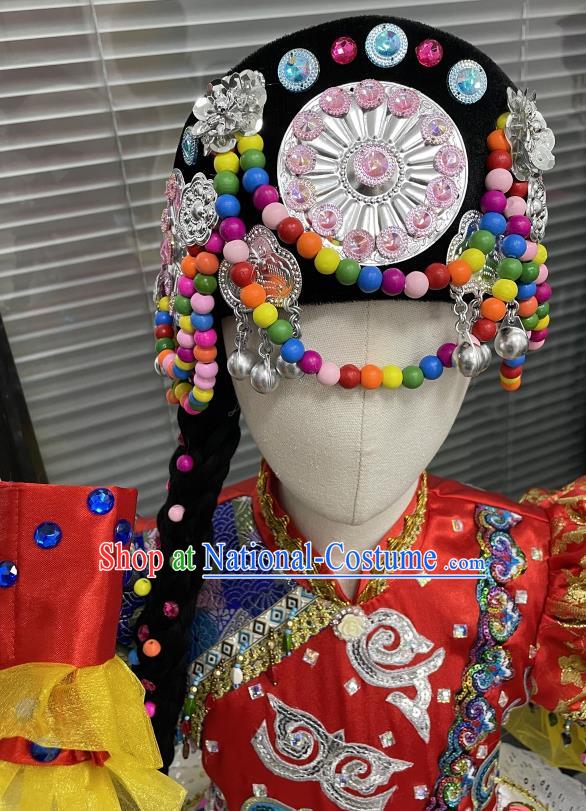 Top China Ethnic Children Folk Dance Hat Girl Stage Performance Headpiece Hani Nationality Dance Headwear