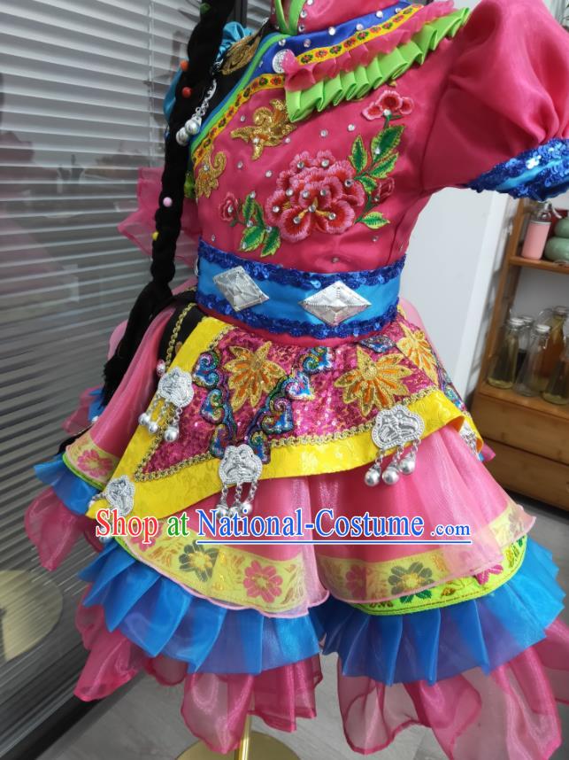 Chinese Yunnan Minority Dance Pink Dress Uniforms Lisu Nationality Children Festival Clothing Ethnic Folk Dance Garments