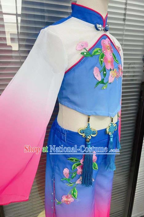 Chinese Children Yangge Performance Blue Uniforms Folk Dance Outfits Girl Fan Dance Costumes Yangko Dance Clothing