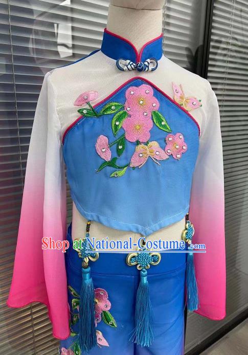 Chinese Children Yangge Performance Blue Uniforms Folk Dance Outfits Girl Fan Dance Costumes Yangko Dance Clothing