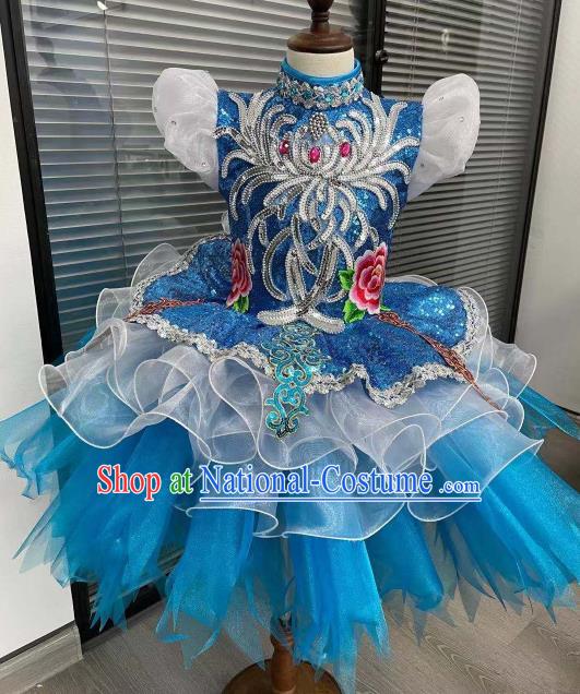 Professional Children Modern Dance Fashion Opening Dance Blue Bubble Dress Chorus Group Clothing Girl Stage Performance Garment