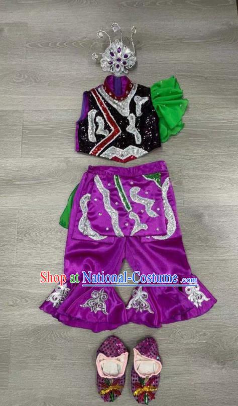 Chinese Yangko Dance Clothing Children Yangge Performance Purple Uniforms Folk Dance Outfits Girl Fan Dance Costumes