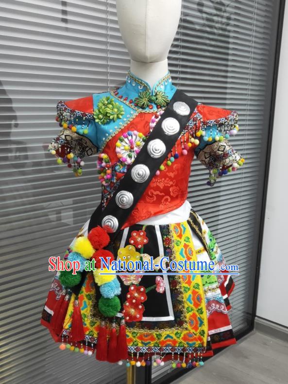 Chinese Ethnic Children Folk Dance Garments Yunnan Minority Dance Red Dress Uniforms Lisu Nationality Girl Festival Clothing