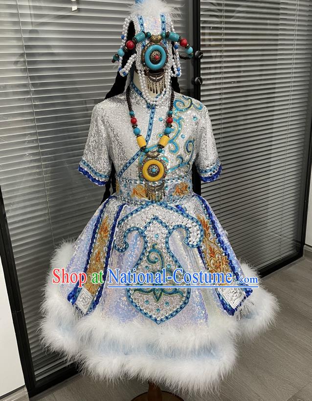 Chinese Tibetan Nationality Girl Festival Clothing Ethnic Children Folk Dance Garments Zang Minority Dance Blue Dress Uniforms