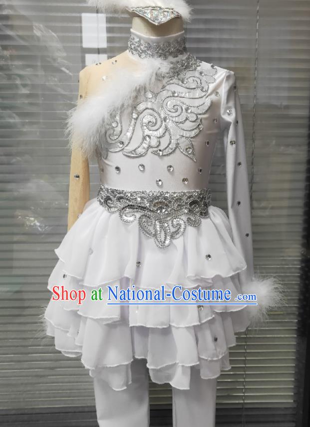 Professional Catwalks White Dress Swan Dance Clothing Girl Stage Performance Garment Children Modern Dance Fashion