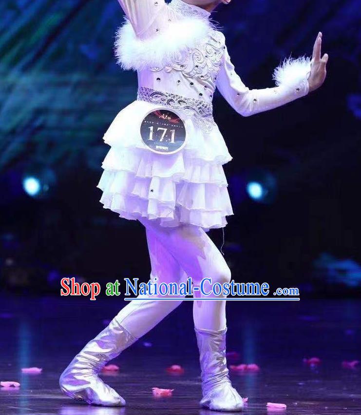 Professional Catwalks White Dress Swan Dance Clothing Girl Stage Performance Garment Children Modern Dance Fashion