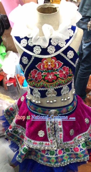 Chinese Yi Nationality Girl Performance Clothing Ethnic Children Folk Dance Garments Xiangxi Minority Dance Rosy Dress Uniforms