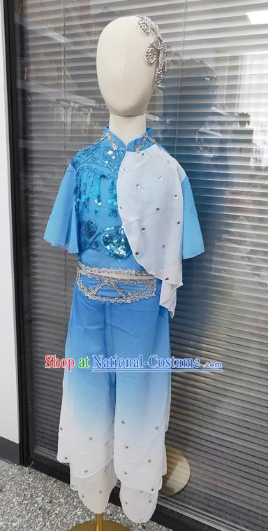 Chinese Yangko Dance Clothing Children Performance Blue Uniforms Folk Dance Outfits Girl Fan Dance Costumes