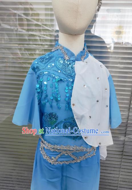 Chinese Yangko Dance Clothing Children Performance Blue Uniforms Folk Dance Outfits Girl Fan Dance Costumes