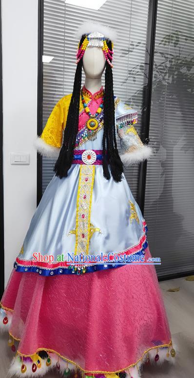 Chinese Ethnic Children Folk Dance Garments Zang Minority Performance Pink Dress Uniforms Tibetan Nationality Girl Clothing