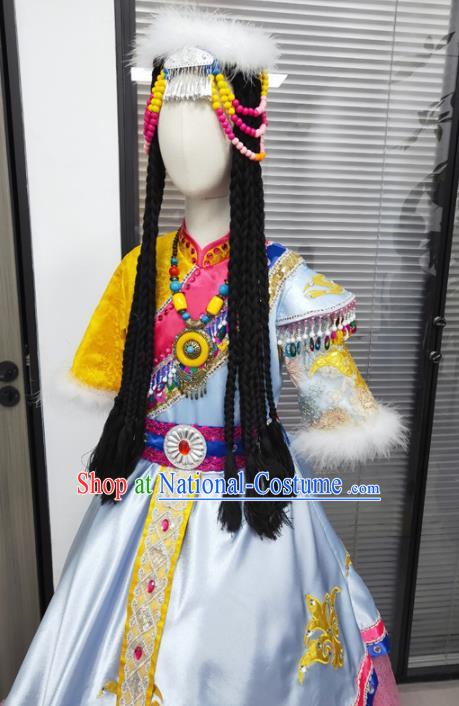 Chinese Ethnic Children Folk Dance Garments Zang Minority Performance Pink Dress Uniforms Tibetan Nationality Girl Clothing