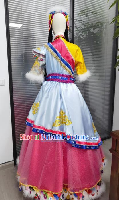 Chinese Ethnic Children Folk Dance Garments Zang Minority Performance Pink Dress Uniforms Tibetan Nationality Girl Clothing