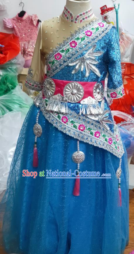 Chinese Mongol Minority Performance Blue Dress Uniforms Mongolian Nationality Girl Clothing Ethnic Children Folk Dance Garments