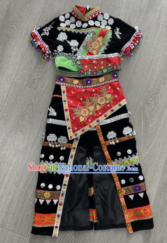 Chinese Yunnan Minority Dance Black Dress Uniforms Wa Nationality Girl Performance Clothing Ethnic Children Folk Dance Garments