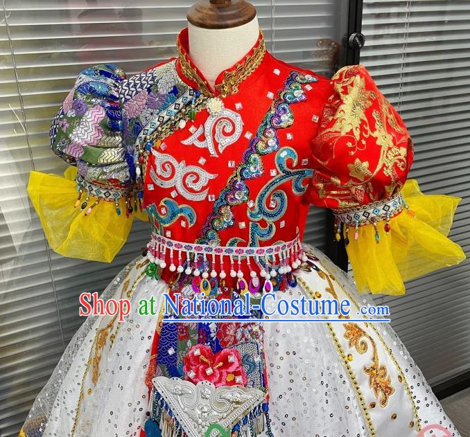 Chinese Ethnic Children Folk Dance Garments Yunnan Minority Dance Dress Uniforms Pumi Nationality Girl Performance Clothing