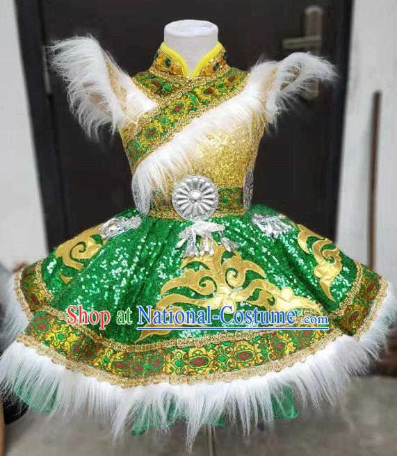 Chinese Zang Minority Performance Green Dress Tibetan Nationality Girl Clothing Ethnic Children Folk Dance Garments