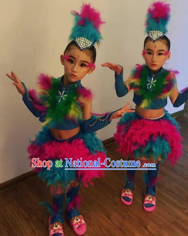 Professional Children Stage Performance Garment Modern Dance Fashion Compere Bird Dance Feather Dress Girl Catwalks Clothing