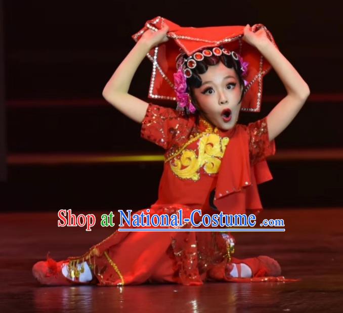 Chinese Girl Fan Dance Costumes Yangko Dance Clothing Children Performance Red Uniforms Folk Dance Outfits