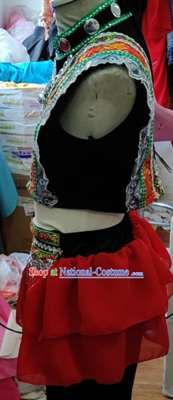 Chinese Yi Nationality Girl Clothing Ethnic Children Folk Dance Garments Xiangxi Minority Performance Uniforms