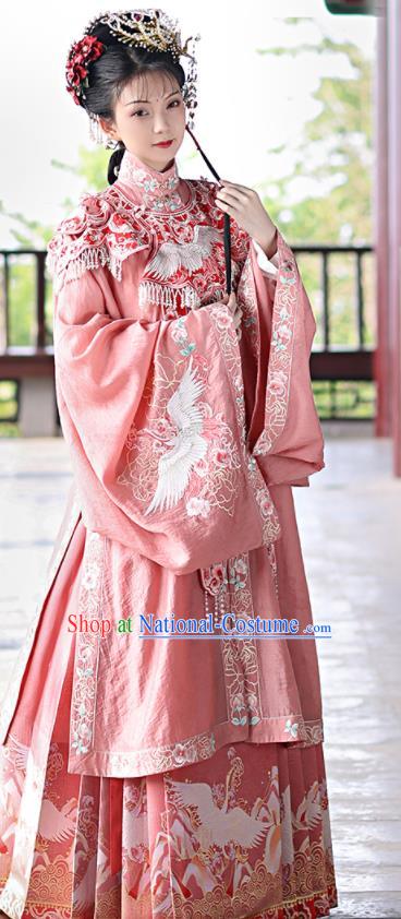 China Ming Dynasty Patrician Lady Historical Clothing Traditional Noble Mistress Pink Hanfu Dresses Ancient Young Beauty Garment Costumes