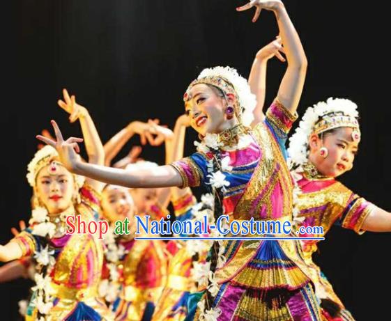 Chinese Uighur Minority Girl Dress Outfits Uyghur Nationality Folk Dance Clothing Xinjiang Ethnic Children Performance Garments