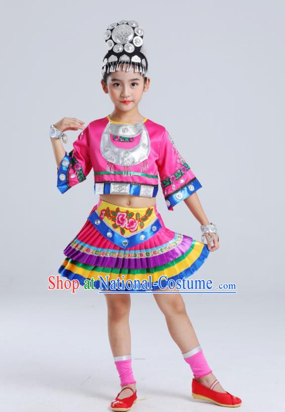 Chinese Ethnic Children Performance Garments Hmong Minority Girl Rosy Dress Outfits Miao Nationality Folk Dance Clothing