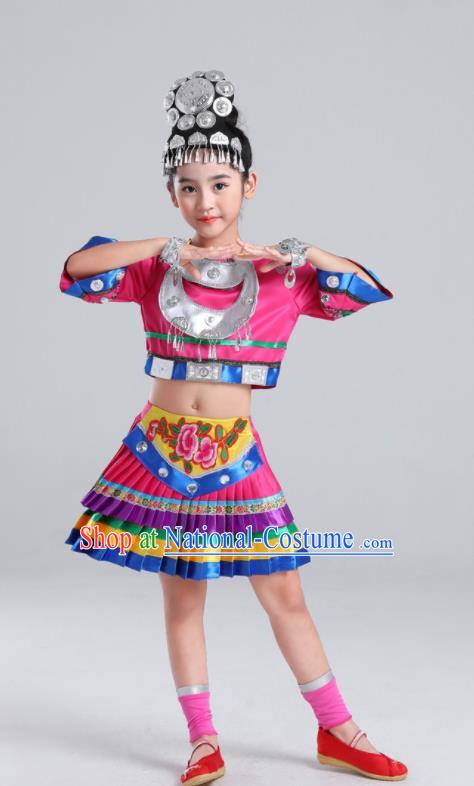 Chinese Ethnic Children Performance Garments Hmong Minority Girl Rosy Dress Outfits Miao Nationality Folk Dance Clothing