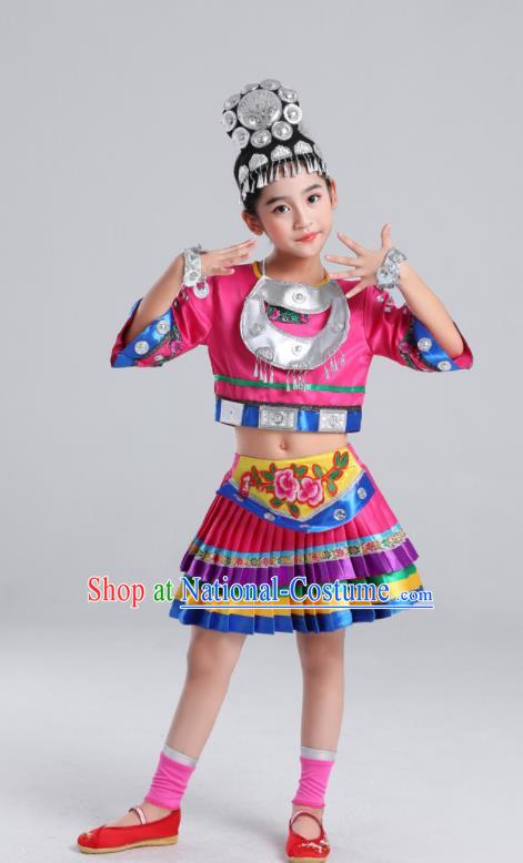 Chinese Ethnic Children Performance Garments Hmong Minority Girl Rosy Dress Outfits Miao Nationality Folk Dance Clothing