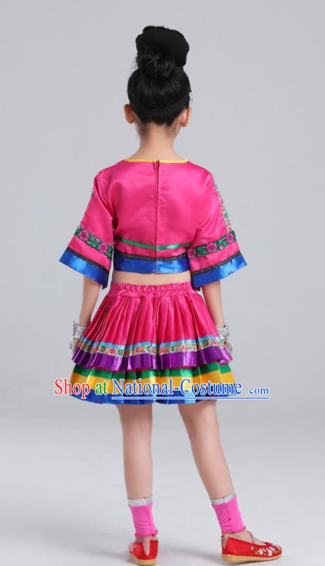 Chinese Ethnic Children Performance Garments Hmong Minority Girl Rosy Dress Outfits Miao Nationality Folk Dance Clothing