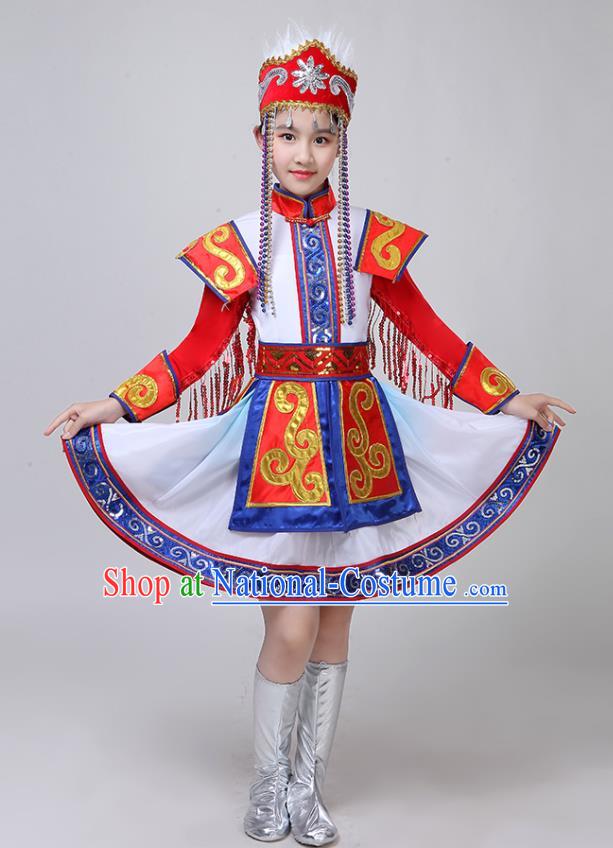 Chinese Mongolian Minority Girl White Dress Outfits Mongol Nationality Folk Dance Clothing Ethnic Children Performance Garments