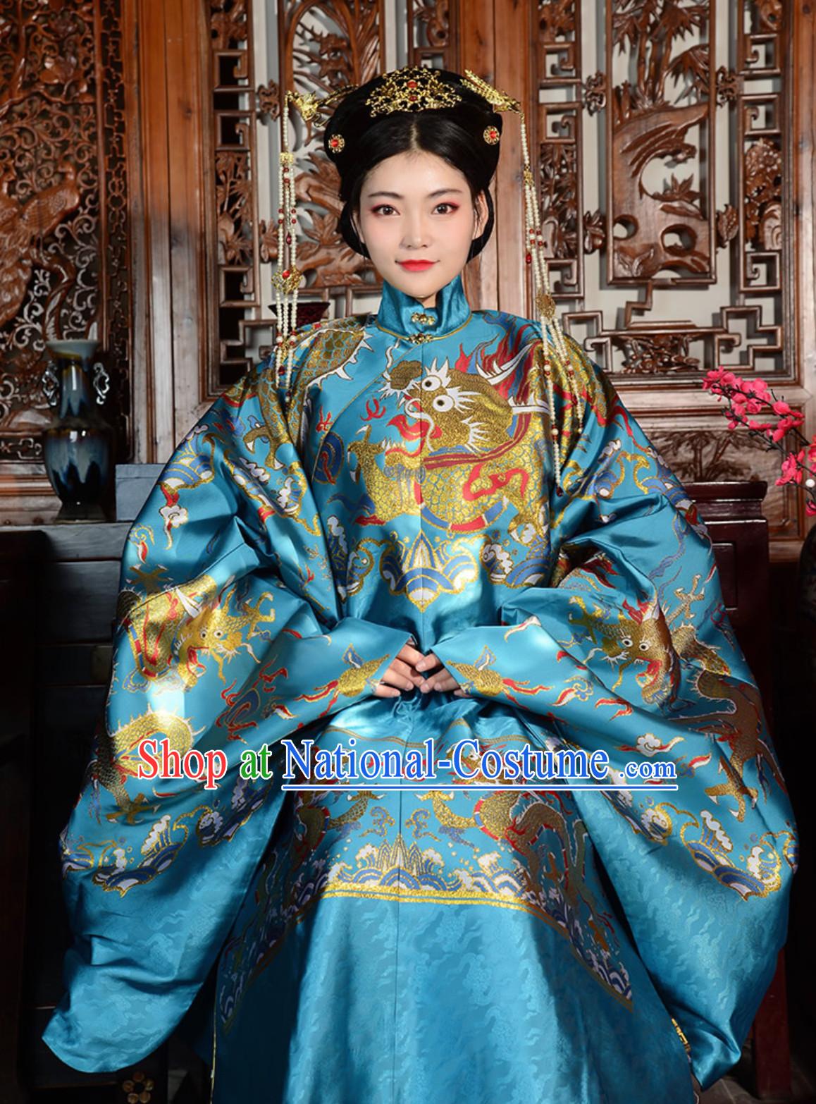 Top Imperial Blue Chinese Ancient Royal Wedding Dress Ming Dynasty Queen Clothing for Ladies