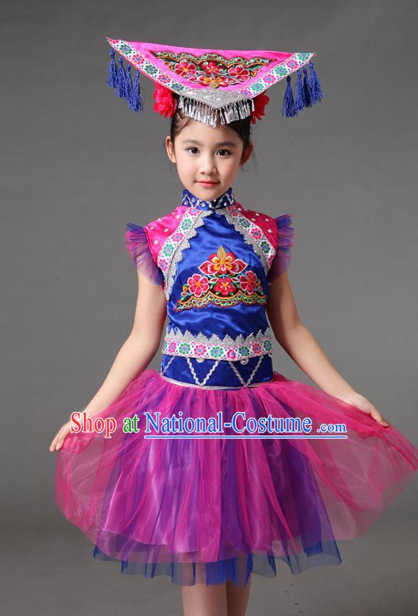 Chinese Ethnic Children Performance Garments Minority Girl Purple Dress Outfits Zhuang Nationality Folk Dance Clothing