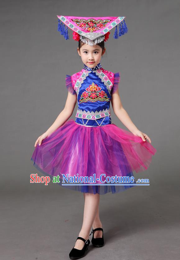 Chinese Ethnic Children Performance Garments Minority Girl Purple Dress Outfits Zhuang Nationality Folk Dance Clothing