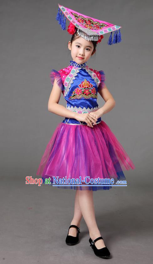 Chinese Ethnic Children Performance Garments Minority Girl Purple Dress Outfits Zhuang Nationality Folk Dance Clothing