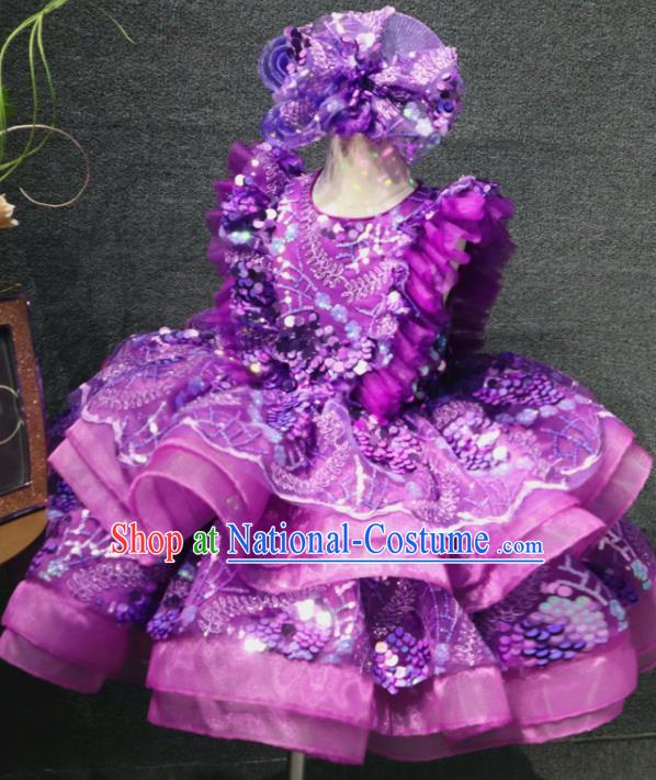 Top Girl Dance Performance Garment Catwalks Purple Flowers Bubble Dress Christmas Formal Evening Wear Children Day Stage Show Clothing