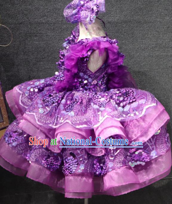 Top Girl Dance Performance Garment Catwalks Purple Flowers Bubble Dress Christmas Formal Evening Wear Children Day Stage Show Clothing