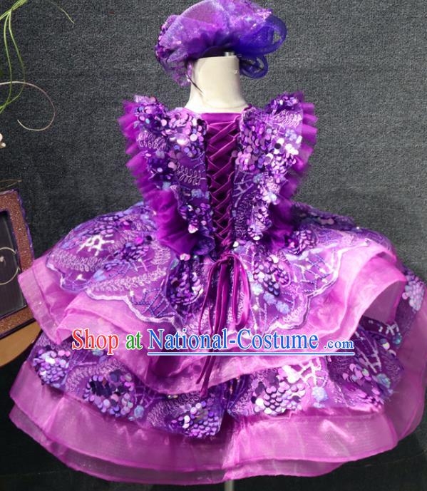 Top Girl Dance Performance Garment Catwalks Purple Flowers Bubble Dress Christmas Formal Evening Wear Children Day Stage Show Clothing