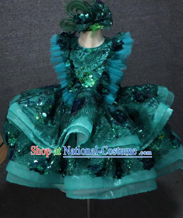 Top Children Stage Show Clothing Girl Dance Performance Garment Catwalks Green Flowers Bubble Dress Christmas Formal Evening Wear