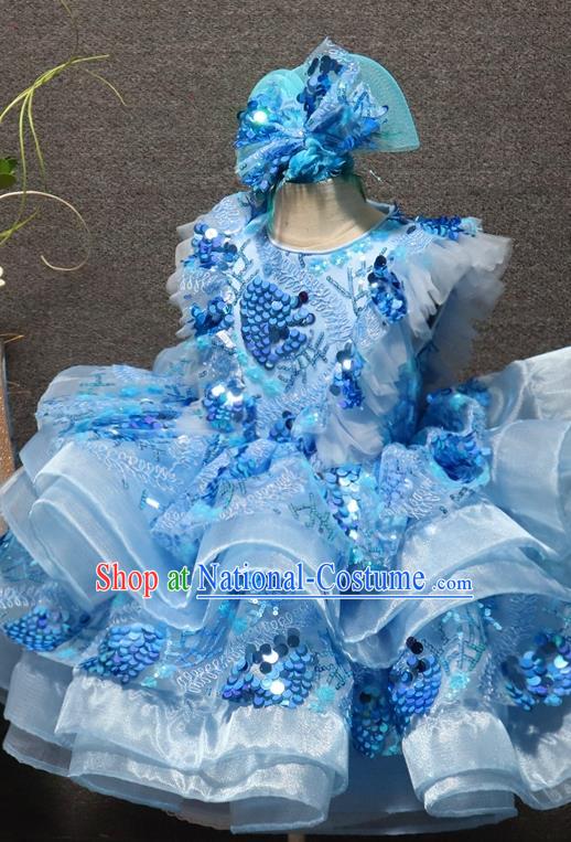 Top Christmas Formal Evening Wear Children Stage Show Clothing Girl Dance Performance Garment Catwalks Blue Sequins Bubble Dress