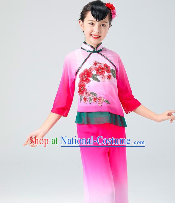 Chinese Children Yangko Dance Rosy Uniforms Folk Dance Costumes Fan Dance Dress Yangge Performance Clothing