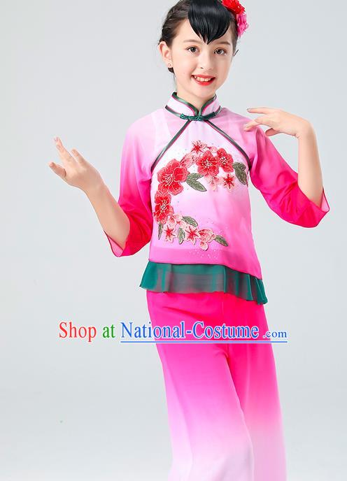 Chinese Children Yangko Dance Rosy Uniforms Folk Dance Costumes Fan Dance Dress Yangge Performance Clothing