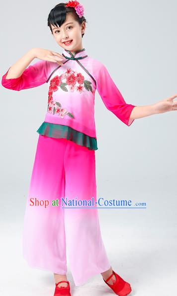 Chinese Children Yangko Dance Rosy Uniforms Folk Dance Costumes Fan Dance Dress Yangge Performance Clothing