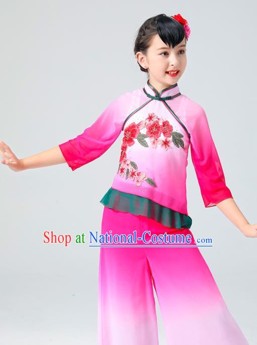 Chinese Children Yangko Dance Rosy Uniforms Folk Dance Costumes Fan Dance Dress Yangge Performance Clothing