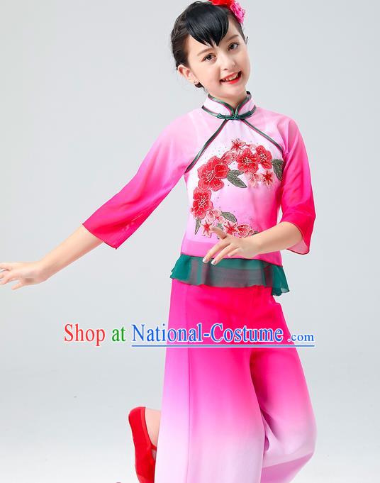 Chinese Children Yangko Dance Rosy Uniforms Folk Dance Costumes Fan Dance Dress Yangge Performance Clothing